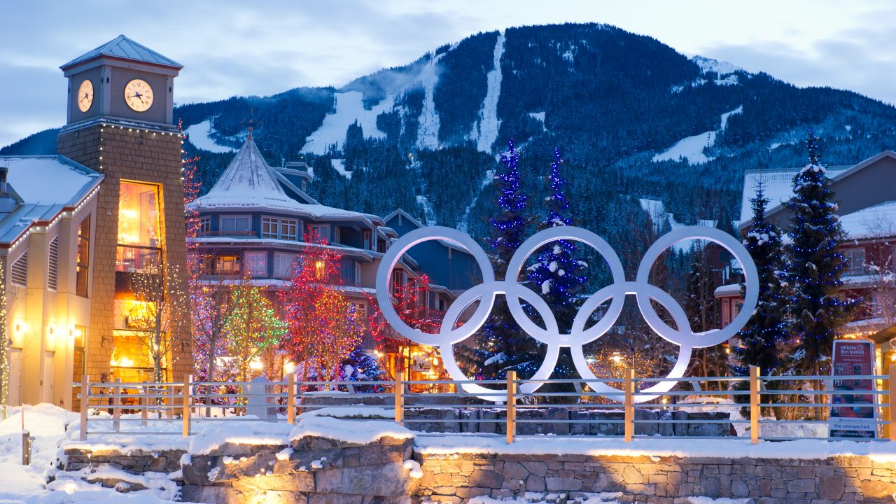 Whistler Village's with Christmas lights at dusk