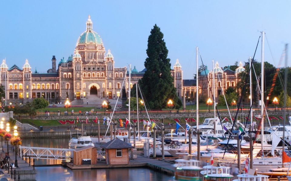 Inner Harbor and Parliament Building of British Columbia at dusk