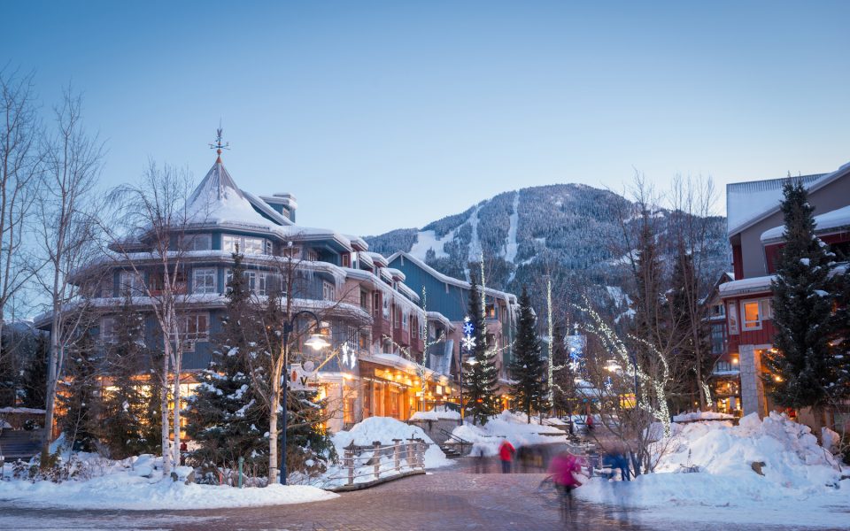 Whistler's world class pedestrian village at dusk.  Whistler is one of the most popular ski resorts in the world.